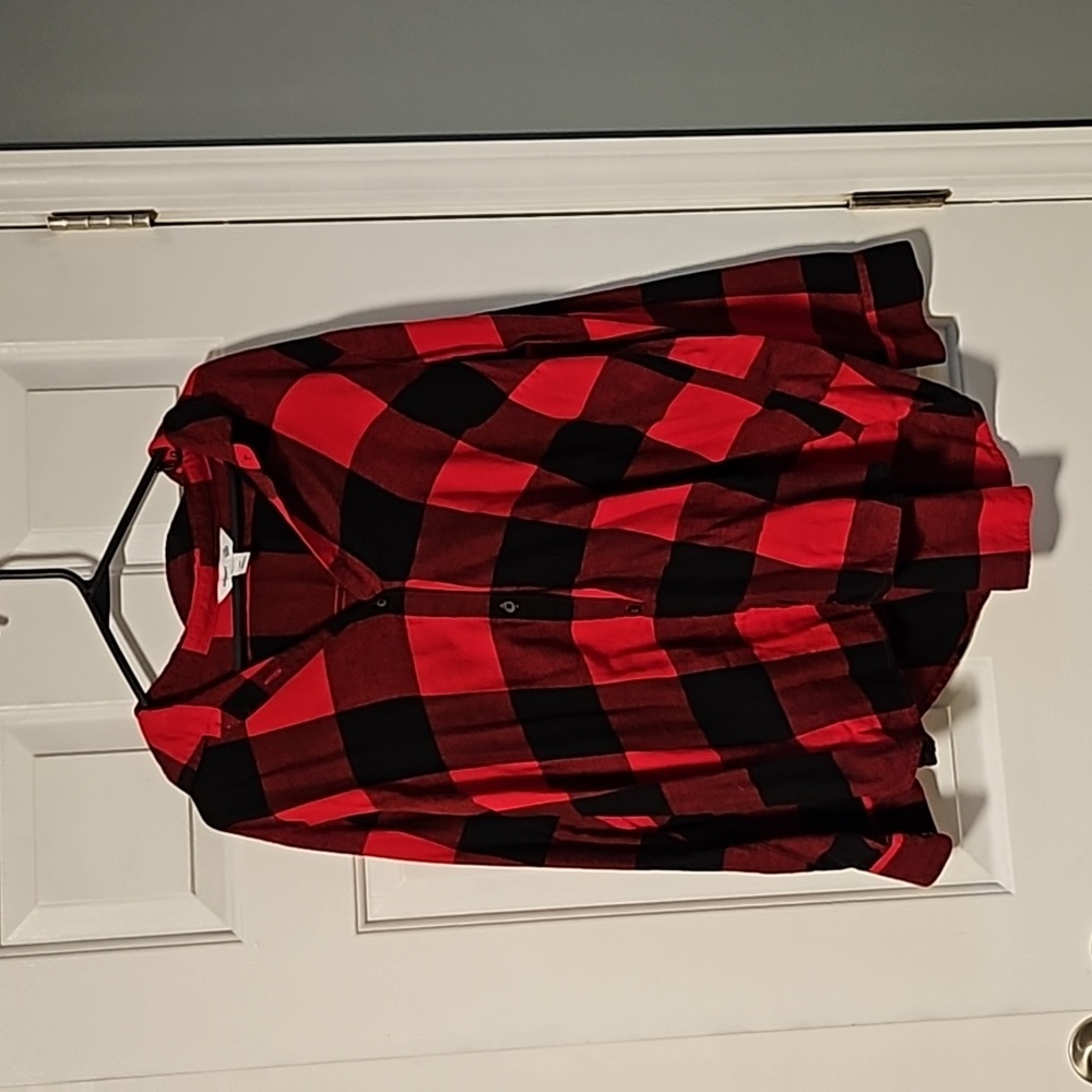 Old Navy Red and Black Buffalo Plaid Hooded Button-Up Shirt